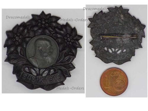 Austria Hungary WW1 Mourning Cap Badge for the Death of Kaiser Franz Joseph 1848 21 XI 1916 with Edelweiss Wreath 
