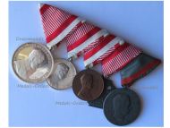 Austria Hungary WW1 5 Medal Set (Silver Large & Small, Bronze Fortitudini Bravery Medals, Laeso Militi Medal for Single Wound by W&A, Karl's Cross of the Troops)