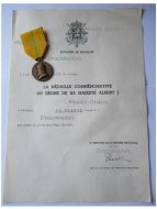 Belgium WW1 King Albert's Reign Medal 1909 1934 for the Armed Forces Veterans with Diploma