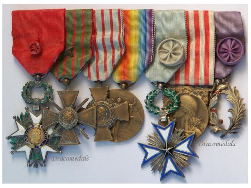 France WW1 Set of 7 Medals (National Order of the Legion of Honor Officer's Cross, Black Star of Benin, Academic Palms Officer's Star Badge, Victory Medal Charles Type, WWI War & Combatants Cross, Commemorative Medal)