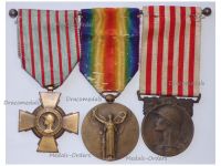France WW1 Set of 3 Medals (Victory Interallied Medal by Morlon, WW1 Commemorative Medal by Janvier-Berchot & Combatants Cross)
