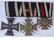 Germany WW1 Set of 3 Medals (Flanders Cross, Iron Cross 2nd Class by Maker KO, Hindenburg Cross with Swords for Combatants Maker WK)