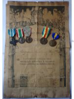 Italy WW1 5 Medal Set with Diploma (Cross for War Merit, Italian Unification 1848 1918 by CBC, 1915 1918 by Sacchini, 1st Army, Victory Interallied Medal by Johnson)