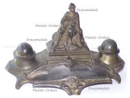 France WW1 Trench Art Patriotic Inkwell Sitting Soldier with Adrian Helmets